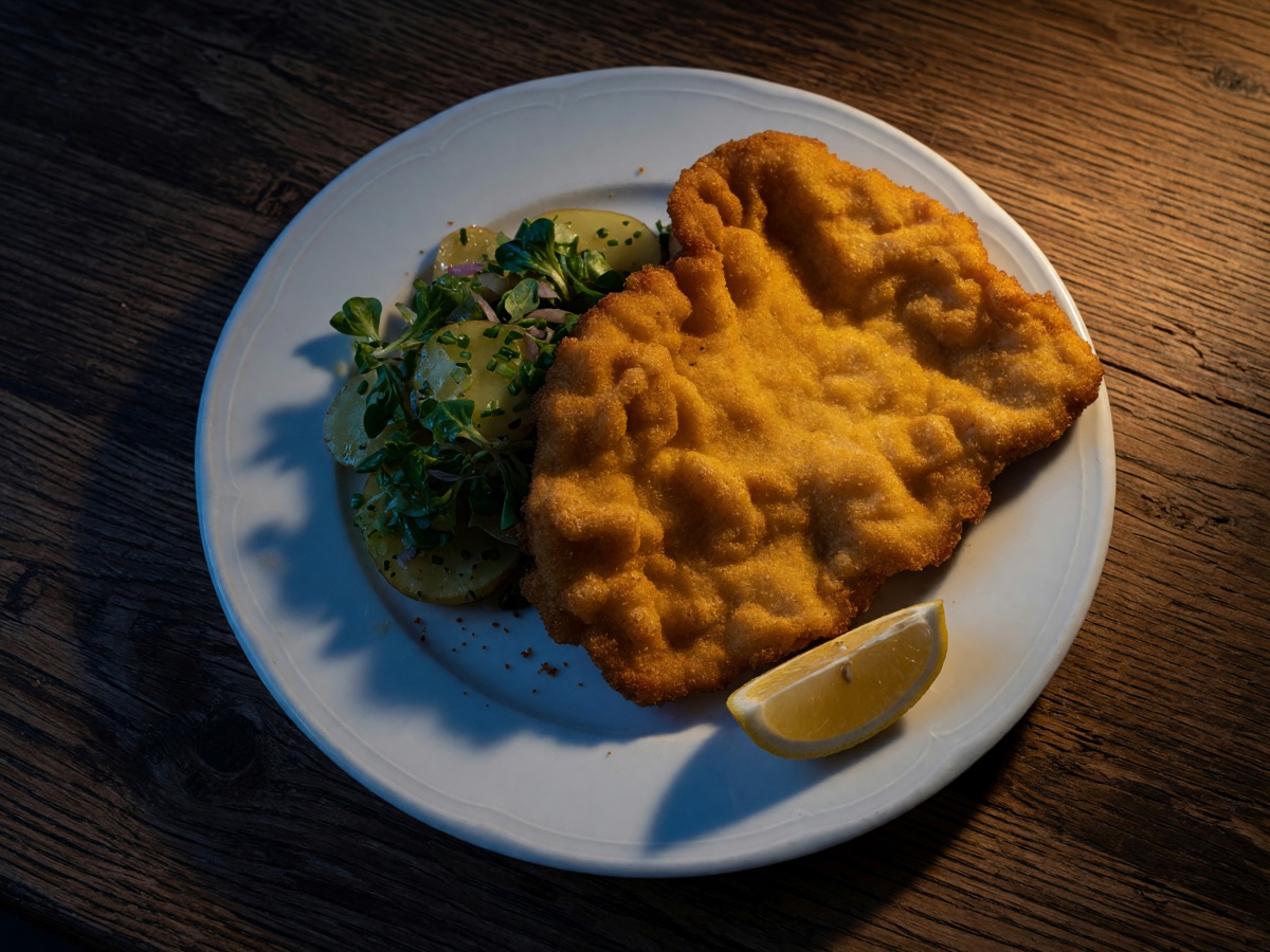 Wiener Schnitzel vom Kalb mit Zitrone auf weißem Teller