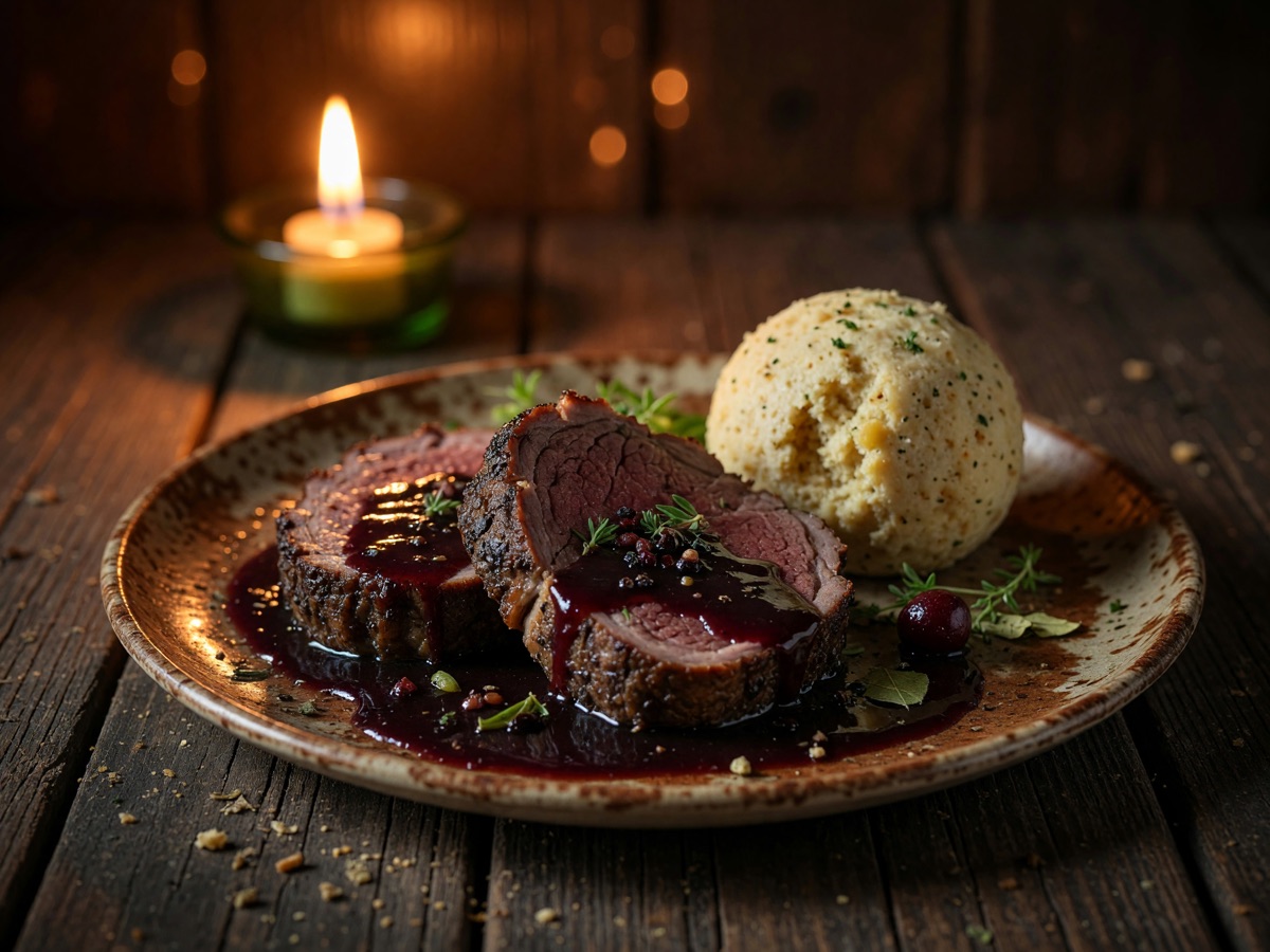 Wildschweinbraten mit dunkler Sauce und Knödel